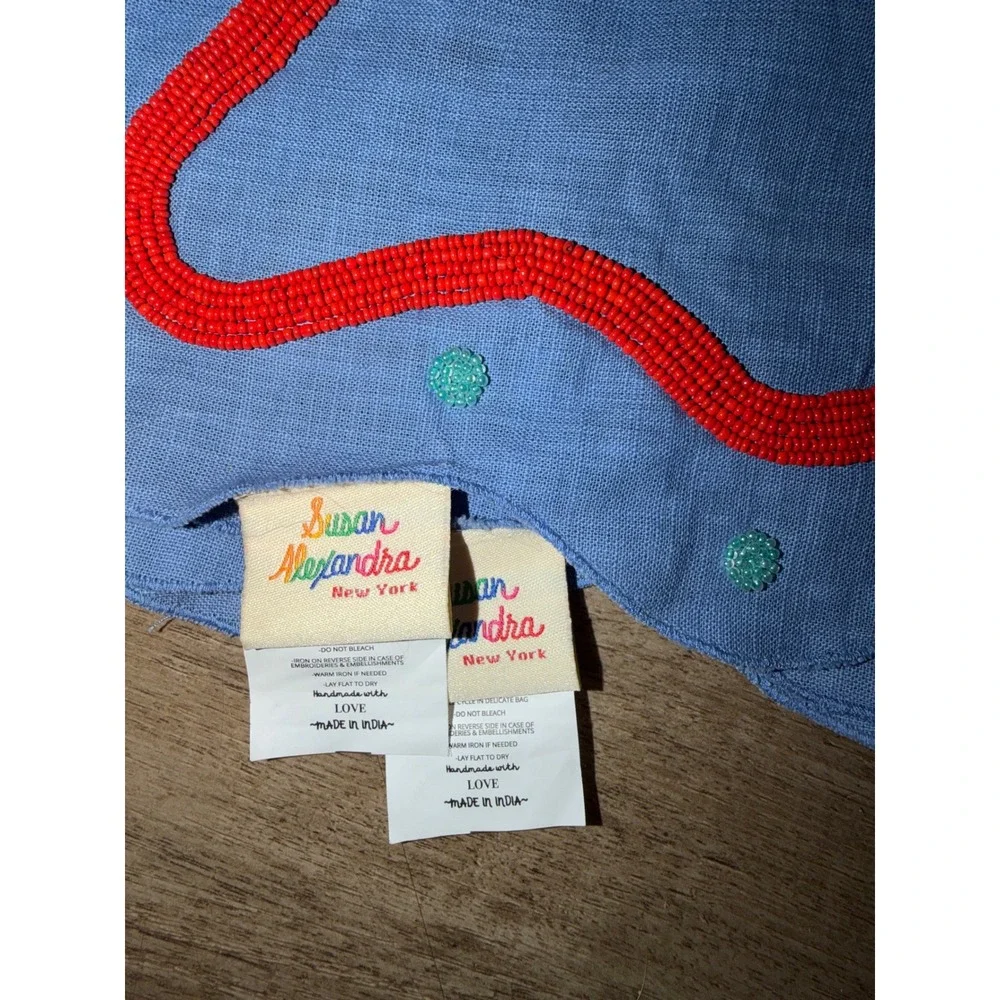 Susan Alexandra New York Beaded Linen Scalloped Napkins Set of 2 Blue Red Wavy